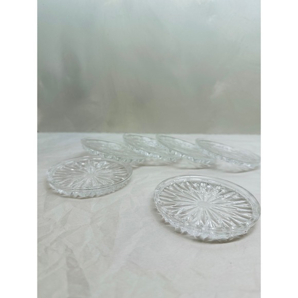 Vintage Clear Pressed Glass Coasters Set of 6 Sunburst Starburst Pattern Round - Picture 2 of 5